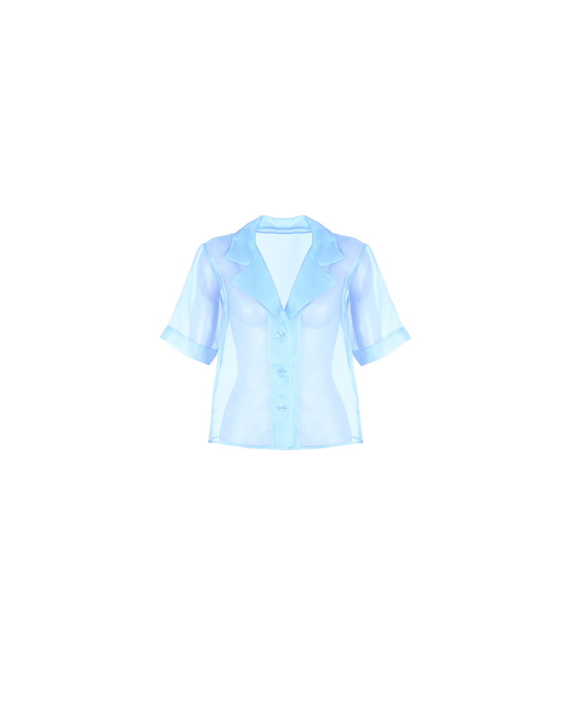 SESAME SILK SHIRT SKY | Boxy fit sheer shirt crafted in a sky coloured organza silk. This shirt offers a pop of colour while being a light layering piece.
