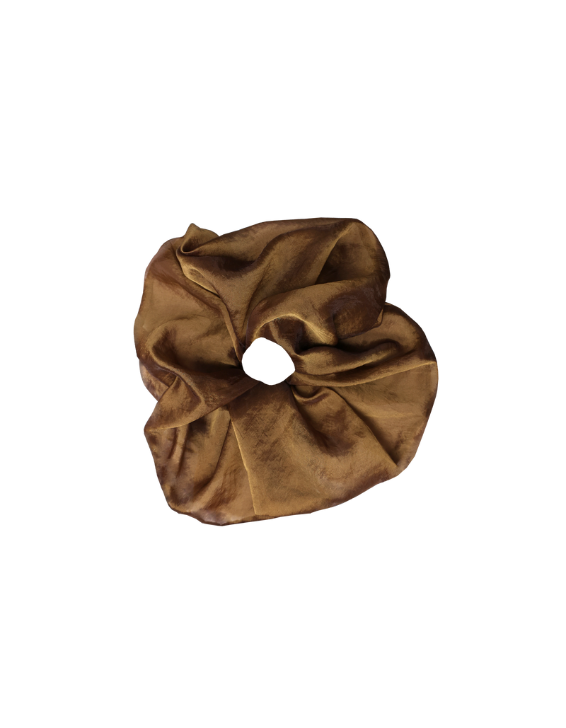 SESAME SILK SCRUNCHIE CHESTNUT BROWN | Oversized organza scrunchie in a bright chestnut brown colour. The silk fabric gives this scrunchie a floaty look, making it a the perfect statement hair accessory.