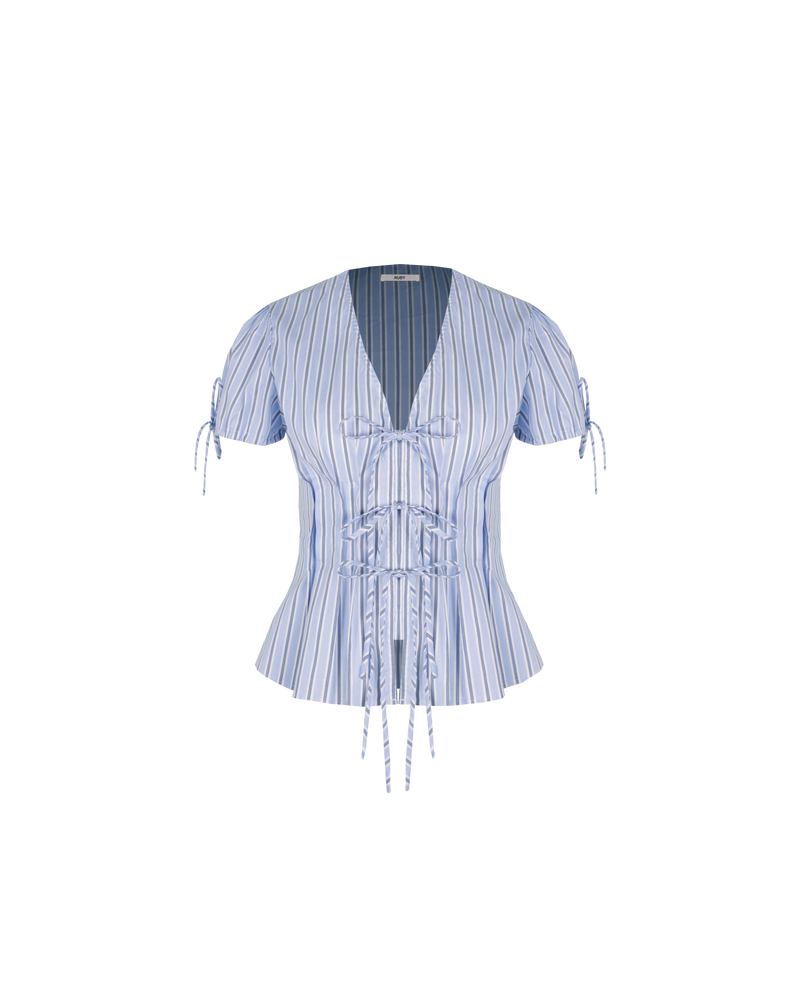 SIMONA BLOUSE BLUE SKY STRIPE | Short-sleeve cotton blouse, designed with pleating and a tie front closure. Simple and sweet, this top has a bit of stretch to ensure a good fit and a placket behind...