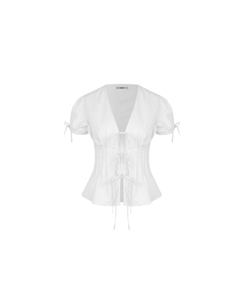 SIMONA BLOUSE WHITE | Short-sleeve cotton blouse, designed with pleating and a tie front closure. Simple and sweet, this top has a bit of stretch to ensure a good fit and a placket behind...