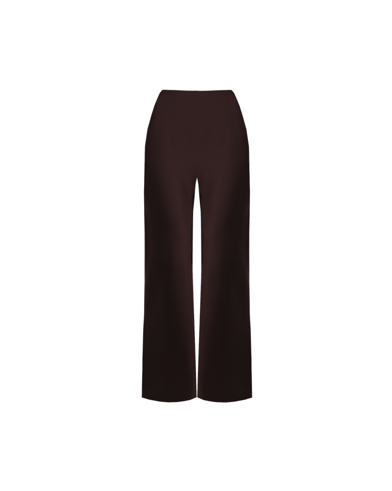 SIMONA PANT ESPRESSO | High waisted pant with a straight leg, designed in a rich espresso satin. These pants have a facing finish, that creates a clean, no-waistband look.