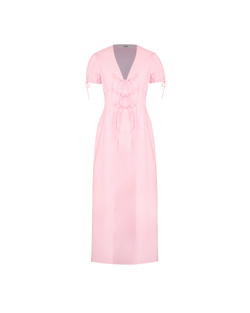 SIMONA SHIRT DRESS SOFT PINK | Short-sleeve cotton midi dress, designed with pleating and a tie front closure. Simple and sweet, this dress has a bit of stretch to ensure a good fit and a placket...