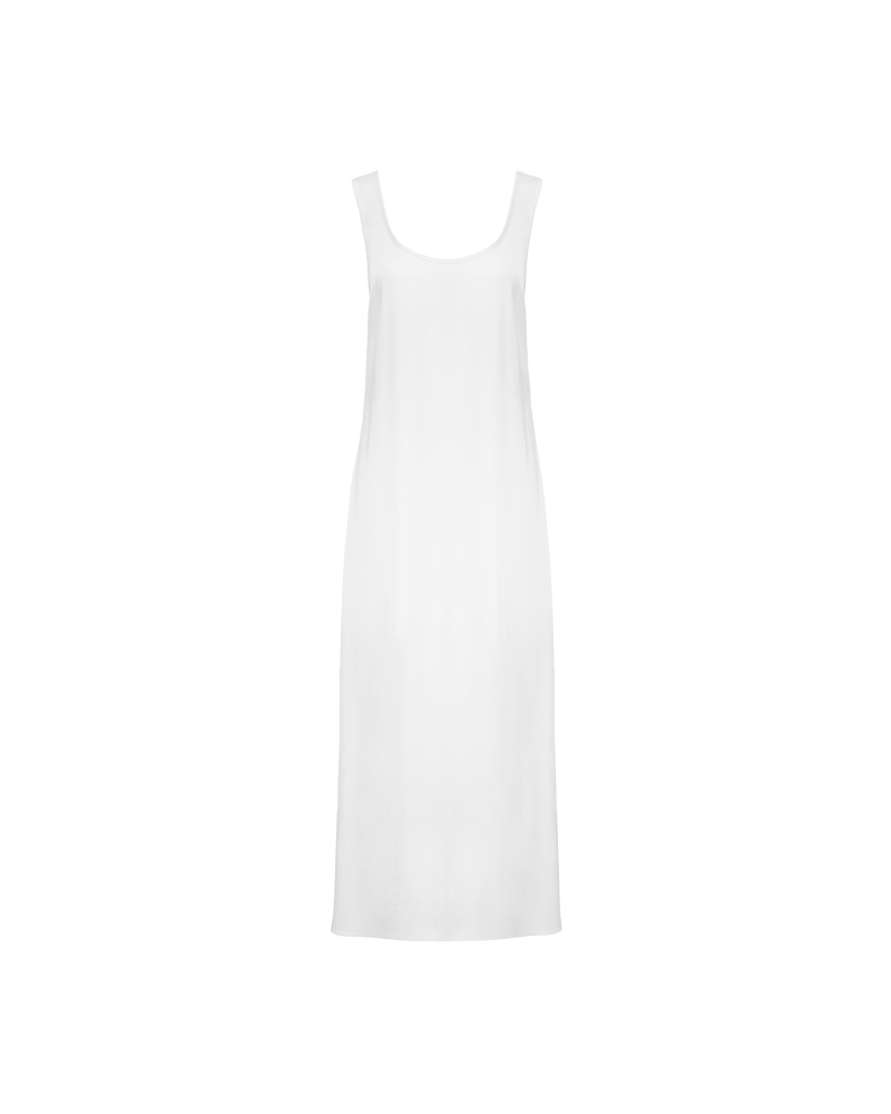 SIMONA SLIP DRESS WHITE | Satin slip dress with a scooped neckline and wide straps. This dress has a loose silhouette and feels luxe to wear