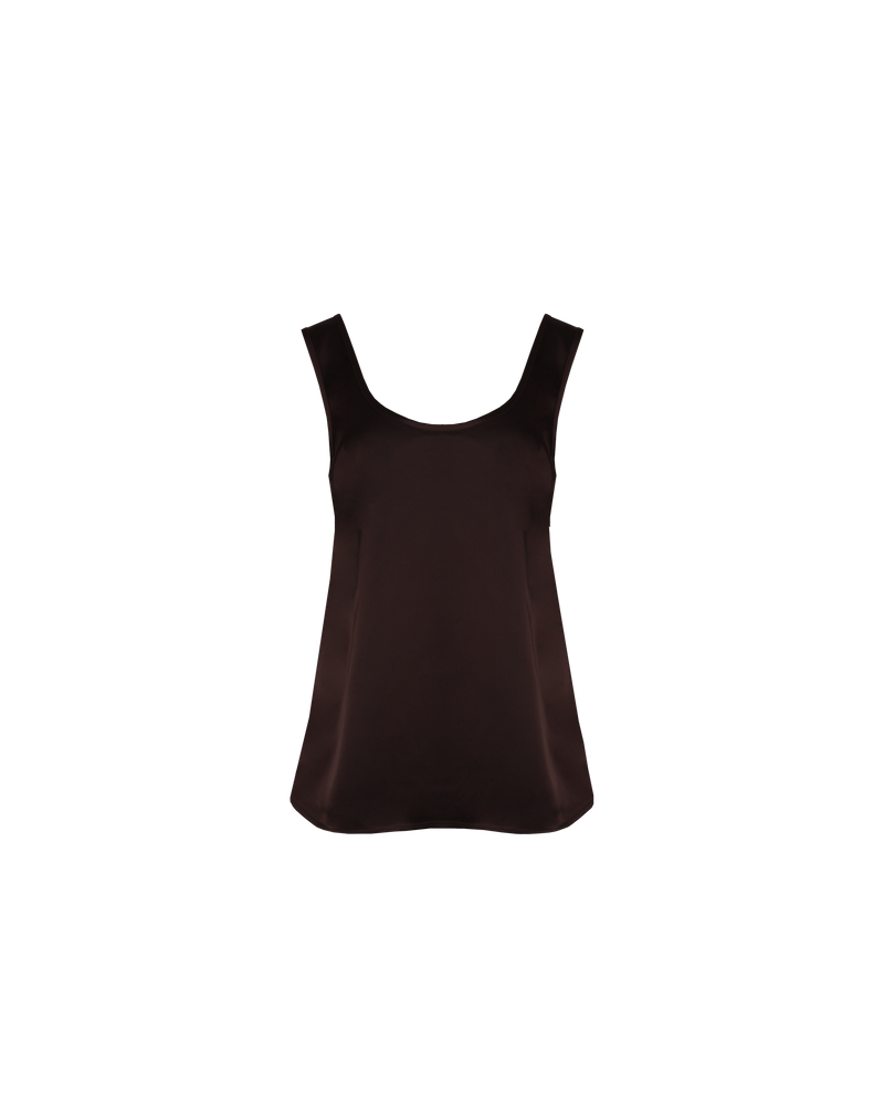 SIMONA TOP ESPRESSO | Tunic-style cami top designed in a luxe espresso coloured satin. This top features wide straps to hide any bra straps. Make it a set by pairing with our Simona Pant.