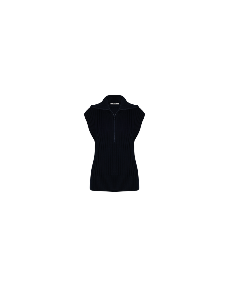 SKIPPER VEST NAVY | This chunky rib knit vest features a zip neck and a luxuriously deep navy hue. Perfect for any occasion, this vest will become a wardrobe staple.