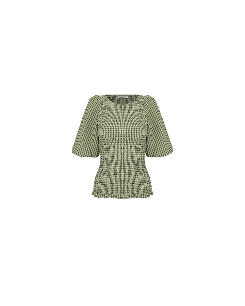 SKY PUFF SLEEVE TOP FOREST GINGHAM | Short sleeve blouse designed in a forest green gingham cotton. This blouse features shirring throughout, making it stretchy and close-fitting to the body.
