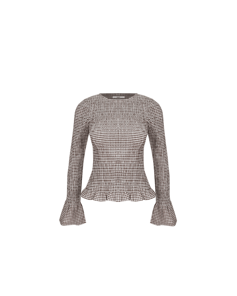 SKY SHIRRED LONG SLEEVE JAVA GINGHAM | Long sleeve top designed in a Java brown gingham. This top is shirred, giving it stretch all over. Features a high, round neckline and ruffles at the cuffs and hem.