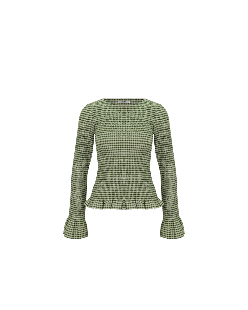 SKY SHIRRED LONG SLEEVE FOREST GINGHAM | Long sleeve top designed in a forest green gingham. This top is shirred, giving it stretch all over. Features a high, round neckline and ruffles at the cuffs and hem....