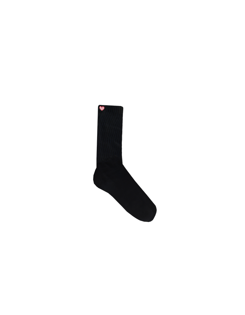  SLOUCH SOCKS BLACK | Ribbed socks designed in a soft plush organic cotton. Featuring embrioded ruby hearts at the cuff, these socks are designed to be worn low and slouched on the ankle.