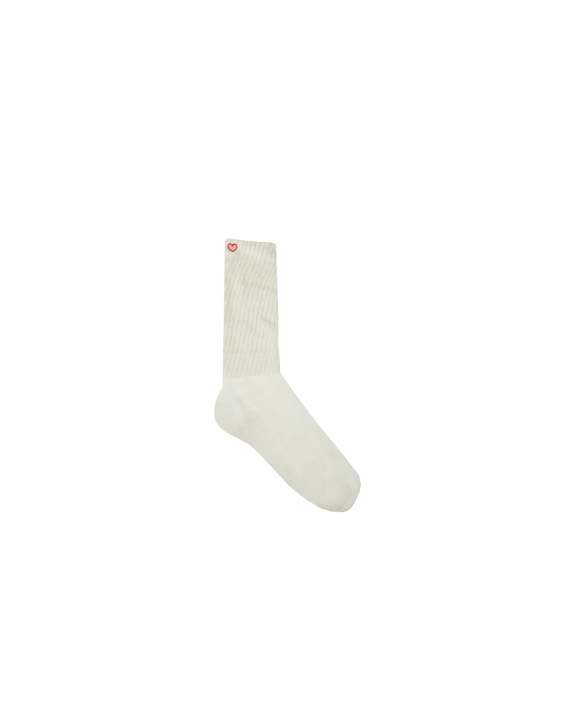  SLOUCH SOCKS FRENCH VANILLA | Ribbed socks designed in a soft plush organic cotton. Featuring embrioded ruby hearts at the cuff, these socks are designed to be worn low and slouched on the ankle.