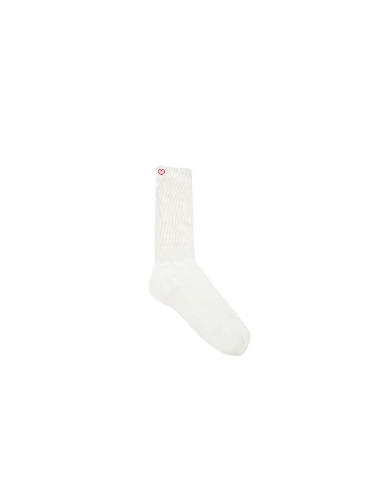 SLOUCH SOCKS WHITE | Ribbed socks designed in a soft plush organic cotton. Featuring embrioded ruby hearts at the cuff, these socks are designed to be worn low and slouched on the ankle.