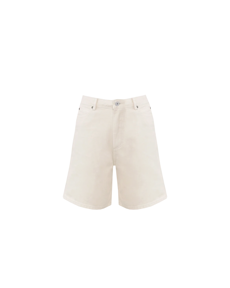 SOLAR RELAXED SHORT CREAM | Vintage inspired high waisted short designed in a cream mid-weight cotton denim. Sitting slightly A-line and offering a longer length fit, these shorts sit relaxed and easy in the warmer...