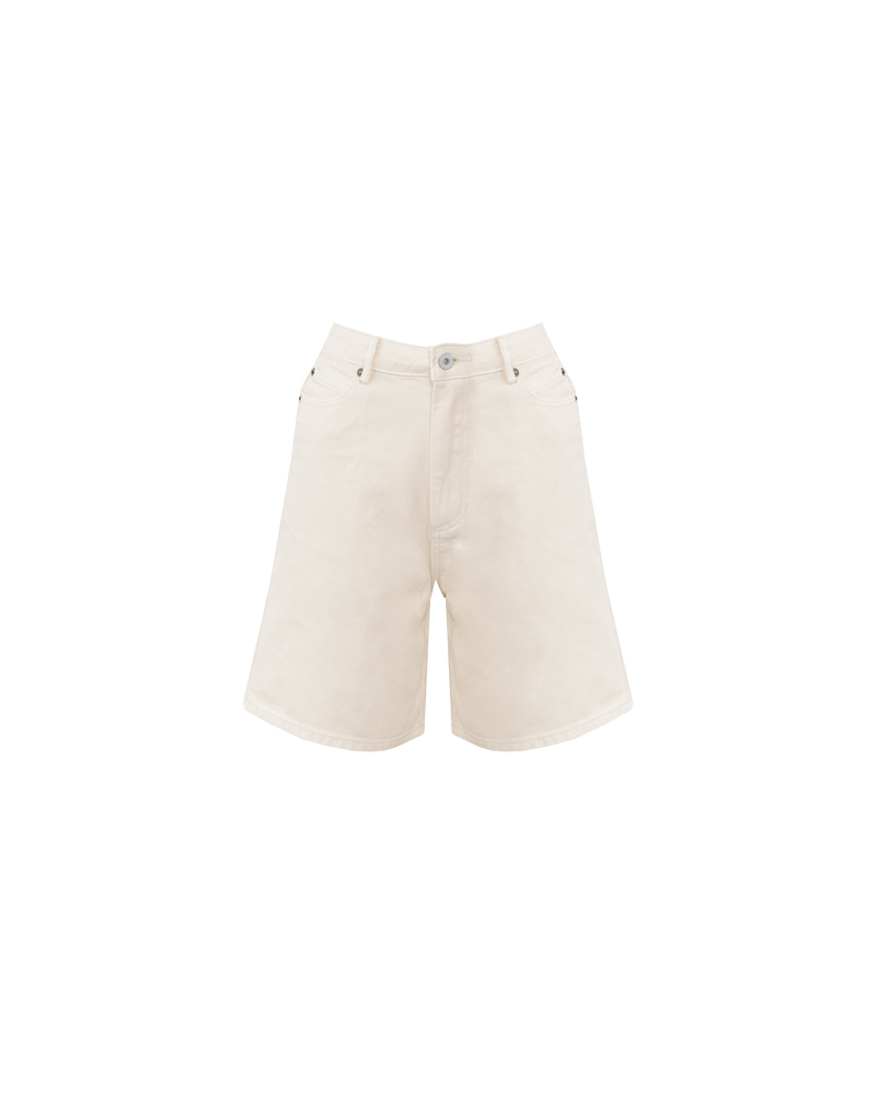 SOLAR RELAXED SHORT CREAM | Vintage inspired high waisted short designed in a cream mid-weight cotton denim. Sitting slightly A-line and offering a longer length fit, these shorts sit relaxed and easy in the warmer...