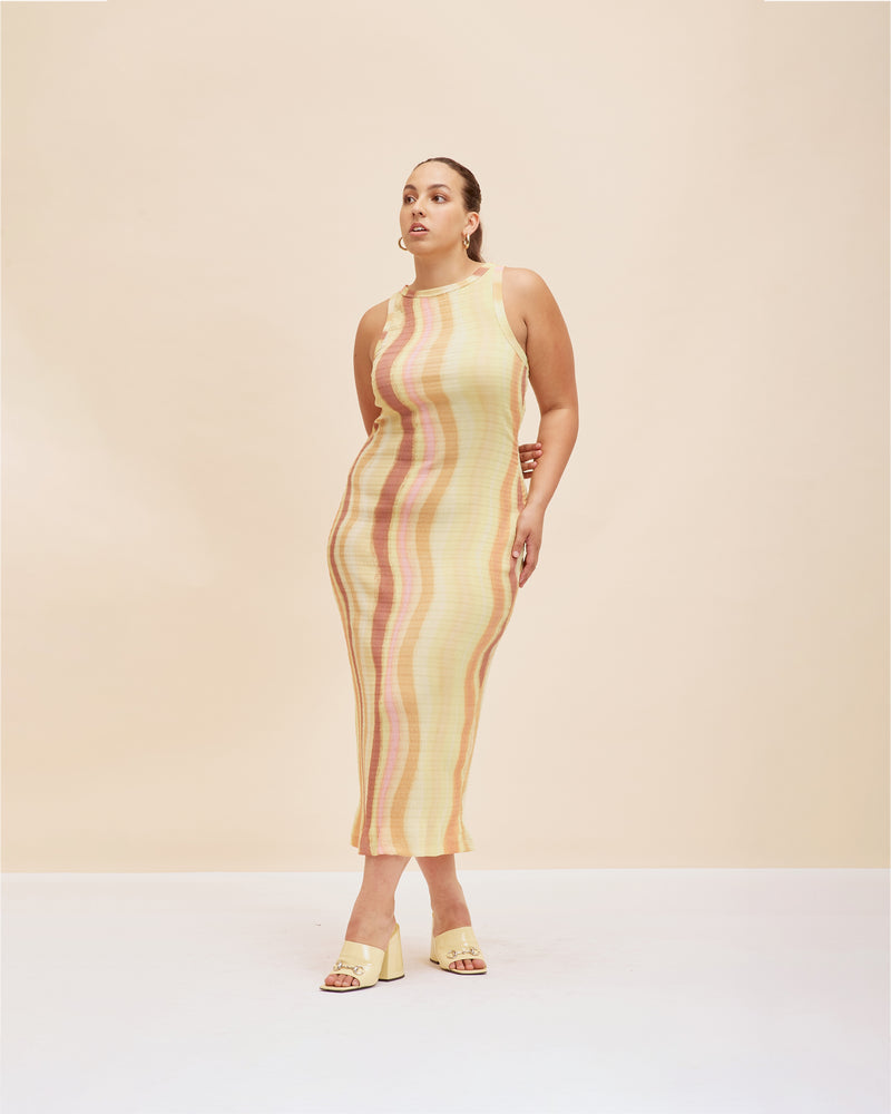 SOLAR CRINKLE DRESS SOLAR PRINT | Tank style midi dress designed in a crinkle sunset fabric. The crinkle fabric provides stretch for a comfortable fit that looks great on.