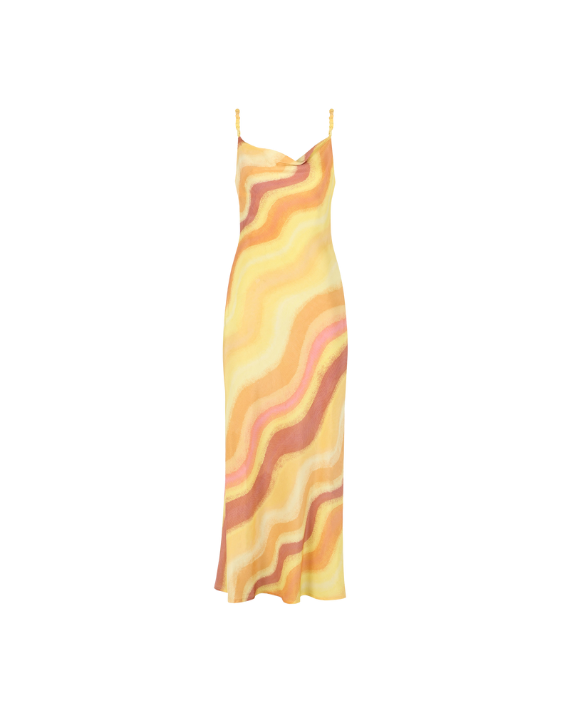 SOLAR SILK SLIP SOLAR PRINT | Bias cut cowl neck silk slip dress designed in our sunset print. Features scrunch style straps that fall to reveal a low back.