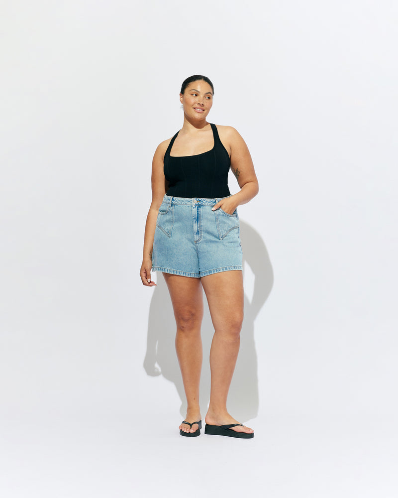 CLOVER DENIM SHORT NINETIES | Our classic high waisted denim short, made in a soft washed nineties blue denim, ready for easy strides and warm weather. It isn't a Rubette summer without the Clover Short. 