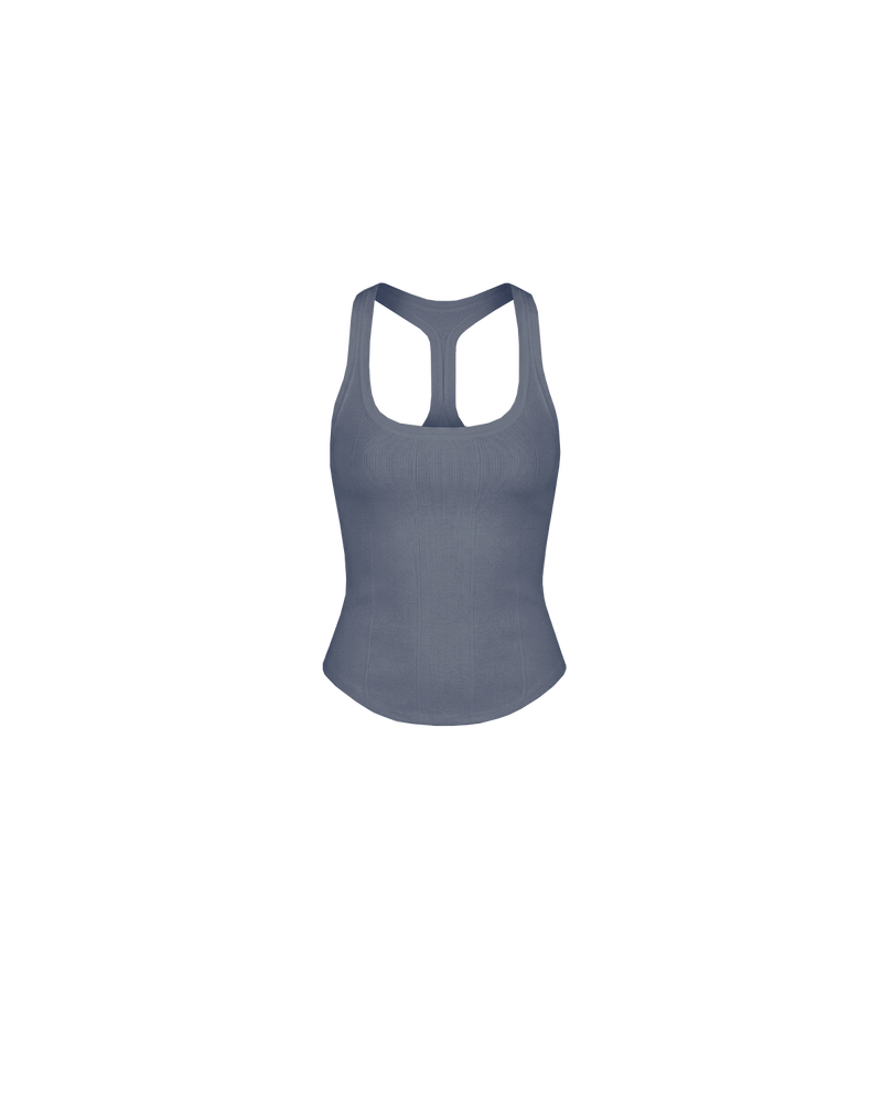 SOL TANK BLUE SLATE | A wardrobe staple for all year round, this classic racerback tank top is designed in a mid-weight blue slate knit. Wear as a base layer under your winter favourites, or as an everyday go to during the warmer months. 