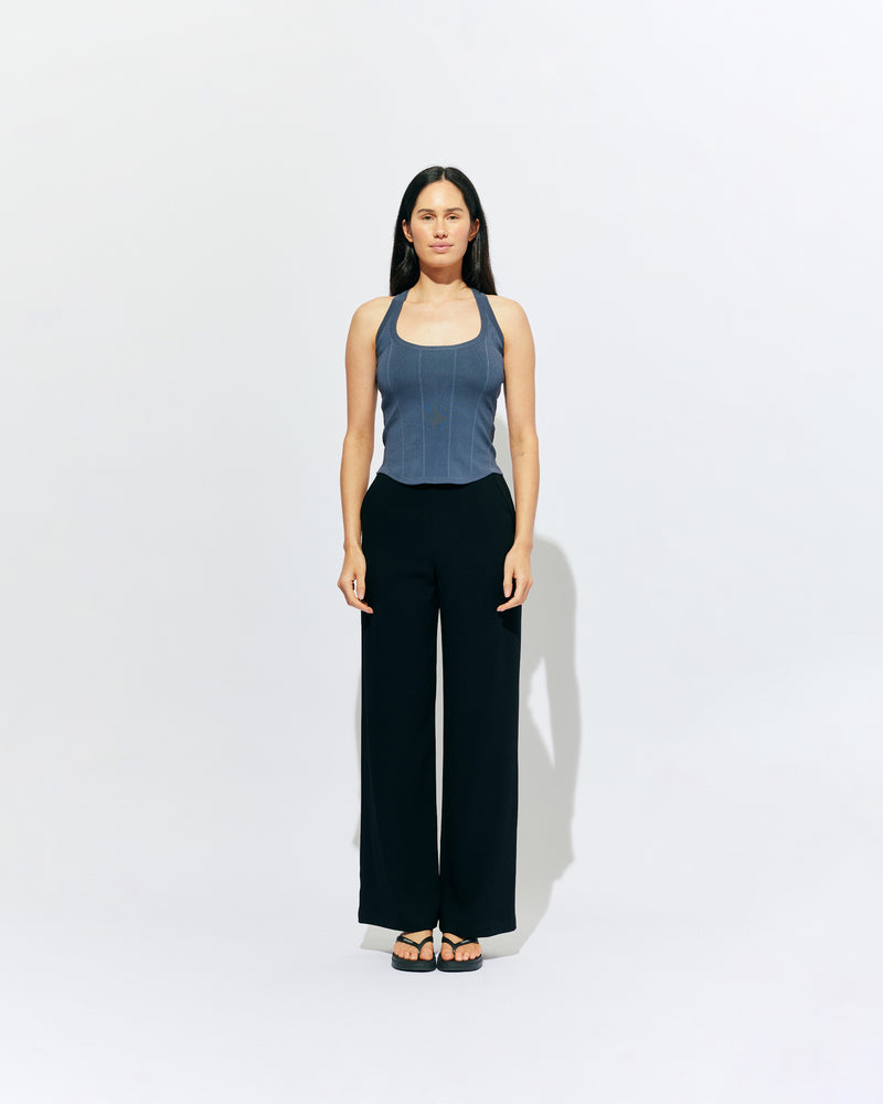 SOL TANK BLUE SLATE | A wardrobe staple for all year round, this classic racerback tank top is designed in a mid-weight blue slate knit. Wear as a base layer in cooler weather, or as an everyday go to during the warmer months. 