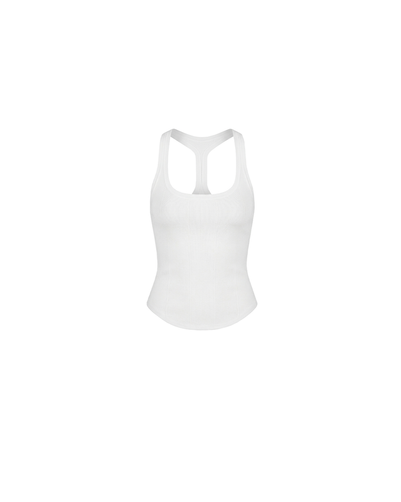 SOL TANK WHITE | A wardrobe staple for all year round, this classic racerback tank top is designed in a mid-weight white knit. Wear as a base layer under your winter favourites, or as an everyday go to during the warmer months. 