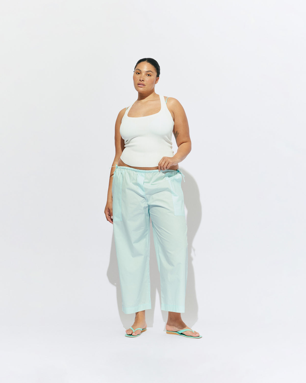 STEVIE PANT MINT JULEP | Straight leg pant designed in a mint julep organic cotton, with side and back pockets and a drawstring waistband. Make it a matching set for a full monochrome look with the Raquel Top.