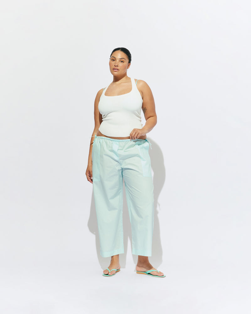 STEVIE COTTON PANT MINT JULEP | Straight leg pant designed in a mint julep organic cotton, with side and back pockets and a drawstring waistband. Pair it with one of our Tank Shop staples, or make it a matching set for a full monochrome look with...