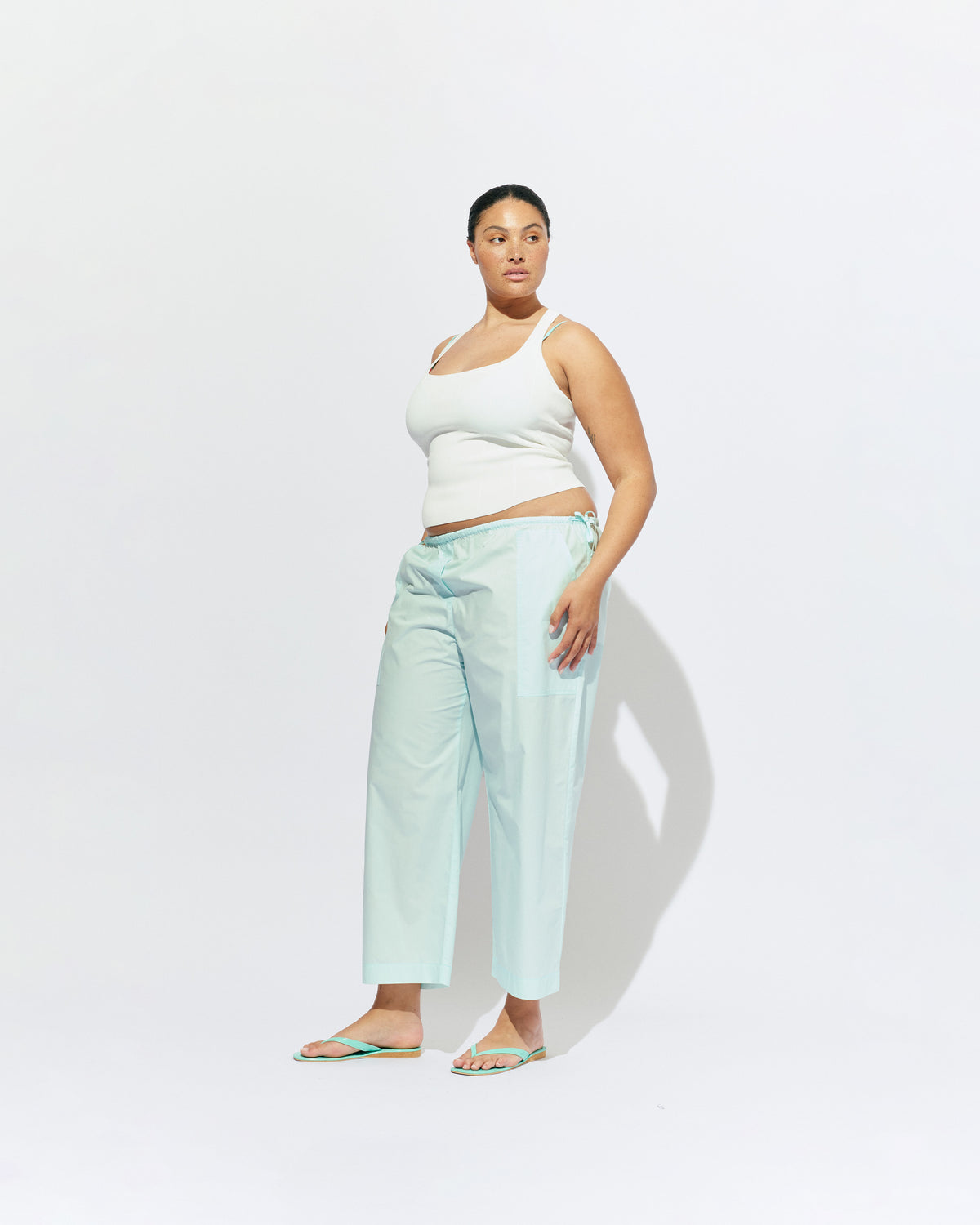 STEVIE PANT MINT JULEP | Straight leg pant designed in a mint julep organic cotton, with side and back pockets and a drawstring waistband. Make it a matching set for a full monochrome look with the Raquel Top.