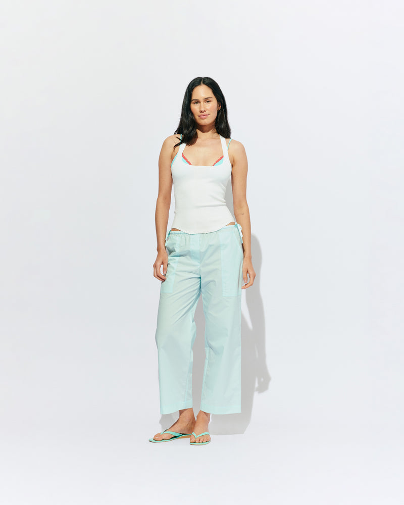 STEVIE COTTON PANT MINT JULEP | Straight leg pant designed in a mint julep organic cotton, with side and back pockets and a drawstring waistband. Pair it with one of our Tank Shop staples, or make it a matching set for a full monochrome look with...