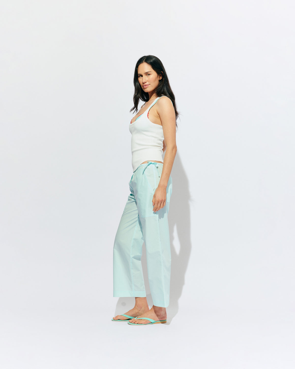 STEVIE PANT MINT JULEP | Straight leg pant designed in a mint julep organic cotton, with side and back pockets and a drawstring waistband. Make it a matching set for a full monochrome look with the Raquel Top.