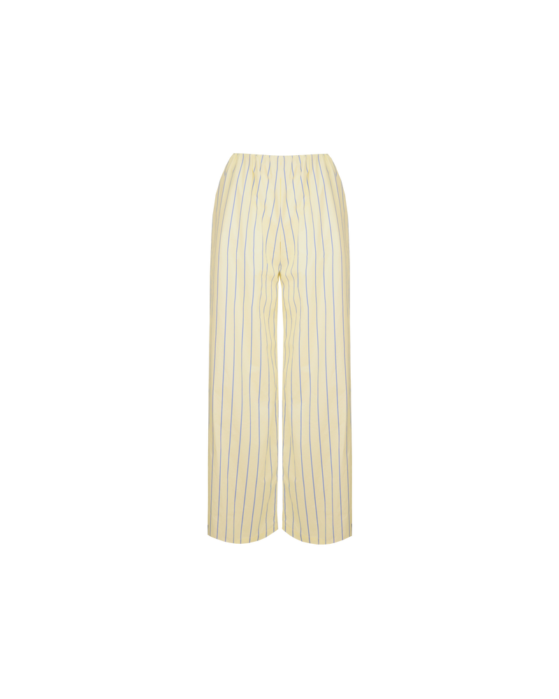 SONNY PANT BUTTER NAVY STRIPE | Straight leg cotton pant with a flat elastic waistband, designed in butter and navy striped cotton. These pants sit relaxed and wide and have side and back pockets, with a...