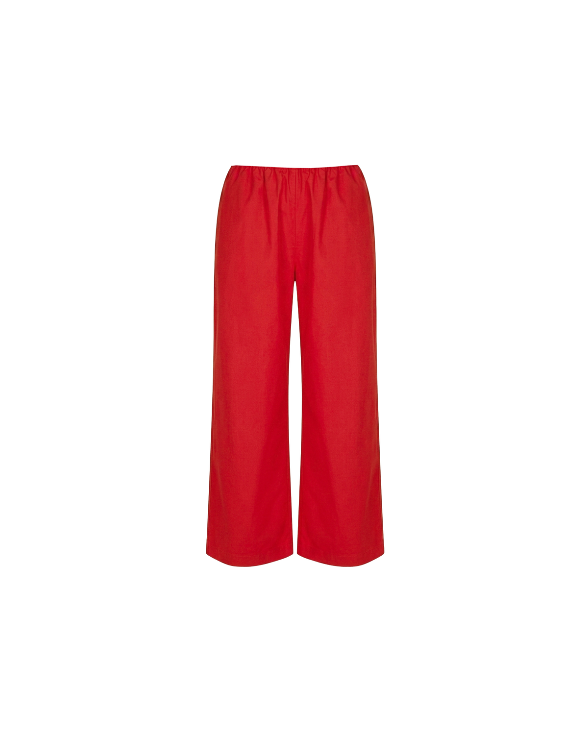 SONNY PANT CHERRY | Straight leg cotton pant with a flat elastic waistband, designed in cherry red organic cotton. These pants sit relaxed and wide and have side and back pockets, with a feature embroidered RUBY 'R' on the back pocket. Make it a...