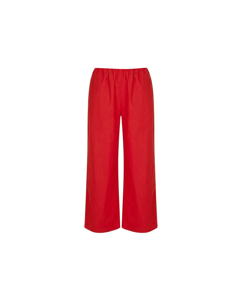 SONNY PANT CHERRY | Straight leg cotton pant with a flat elastic waistband, designed in cherry red organic cotton. These pants sit relaxed and wide and have side and back pockets, with a feature embroidered RUBY 'R' on the back pocket. Make it a...