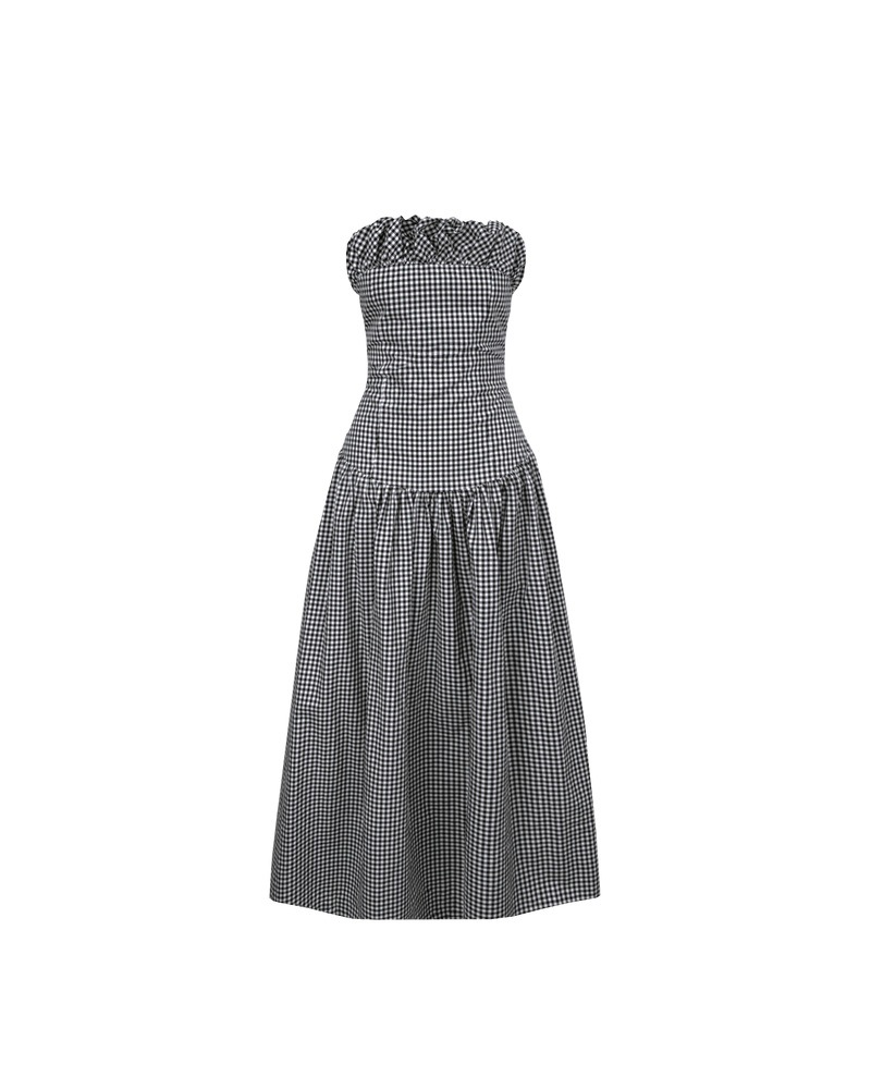 SORBET DRESS BLACK GINGHAM | Strapless cotton dress with a feature ruffled puff at the bust line. his dress features a dropped bodice-style waistline with a full skirt, and an elasticated shirred back to ensure...