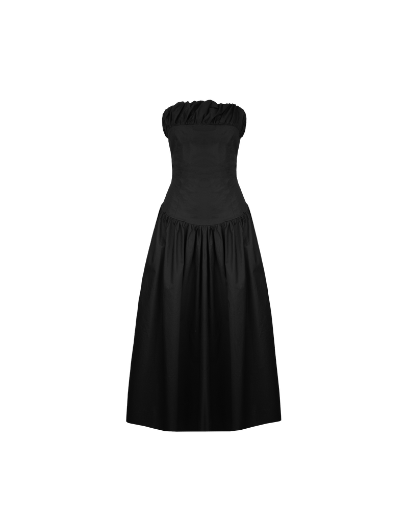 SORBET DRESS BLACK | Strapless cotton dress with a feature ruffled puff at the bust line. This dress features a dropped bodice-style waistline with a full skirt, and an elasticated shirred back to ensure...