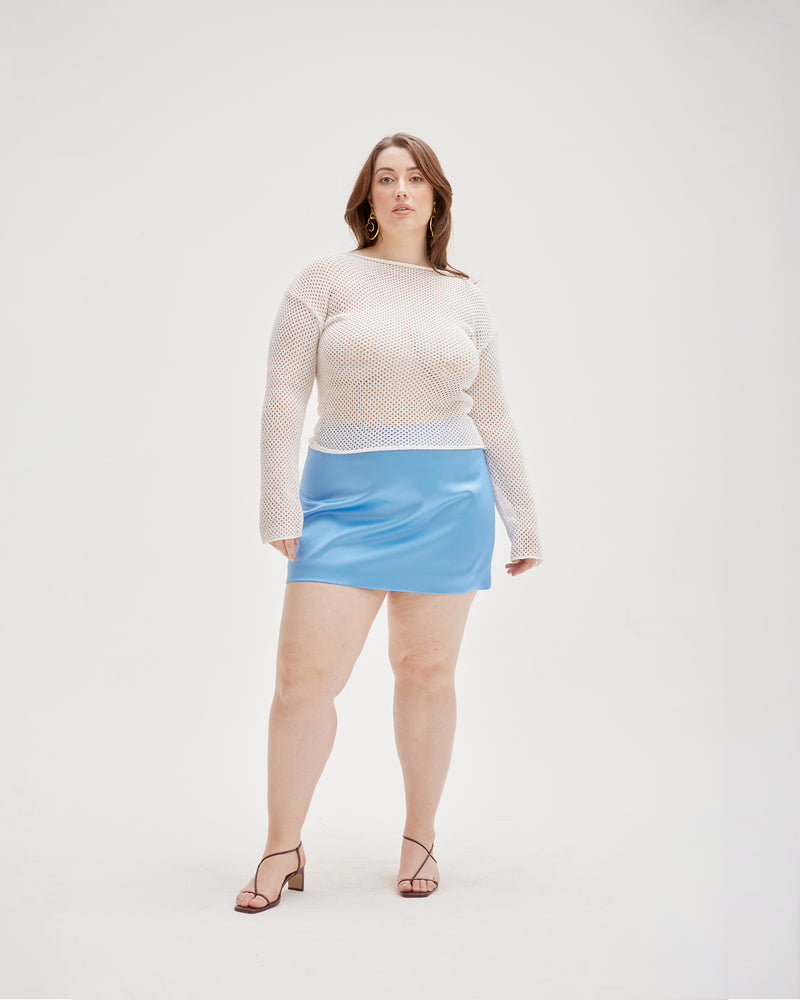 CHER SATIN MINISKIRT AZURE | Highwaisted satin miniskirt, in an azure coloured satin. Calling to mind the miniskirts of the 90's, this piece was inspired by Cher from 'Clueless'.