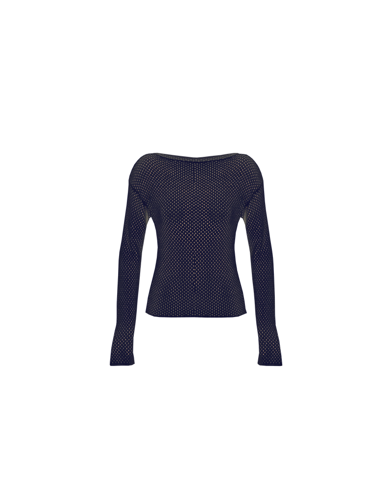 SPRITZ LONG SLEEVE NAVY | Long sleeve netted crochet top with a high boat neckline. Crotched in a luxe cotton, this top is the perfect summer-weight knit.