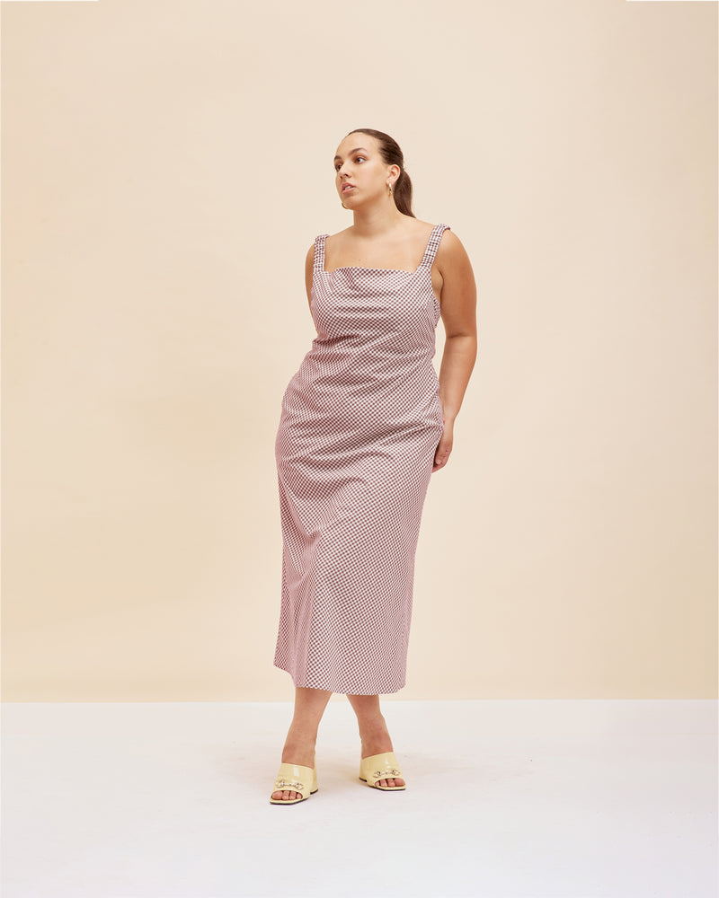 SPRITZ SLIP LILAC GINGHAM | Bias cut slip dress cut in a lilac and brown gingham. This dress features a scrunch strap detail that falls to reveal a low back.