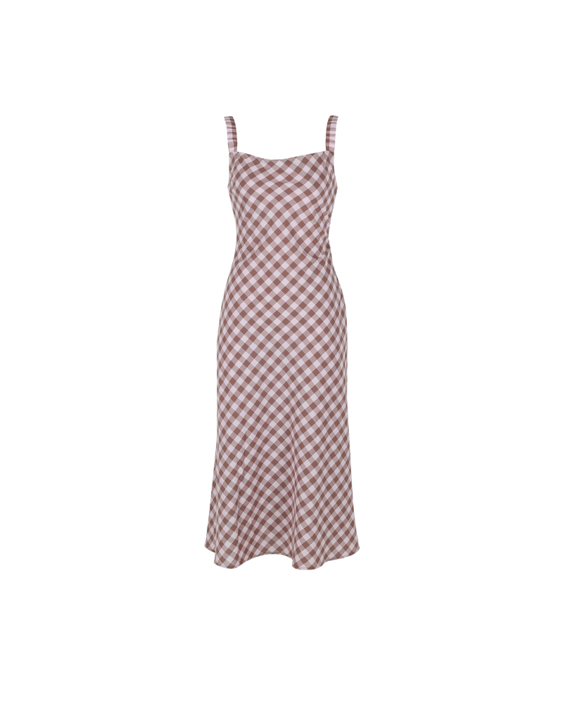 SPRITZ SLIP LILAC GINGHAM | Bias cut slip dress cut in a lilac and brown gingham. This dress features a scrunch strap detail that falls to reveal a low back.