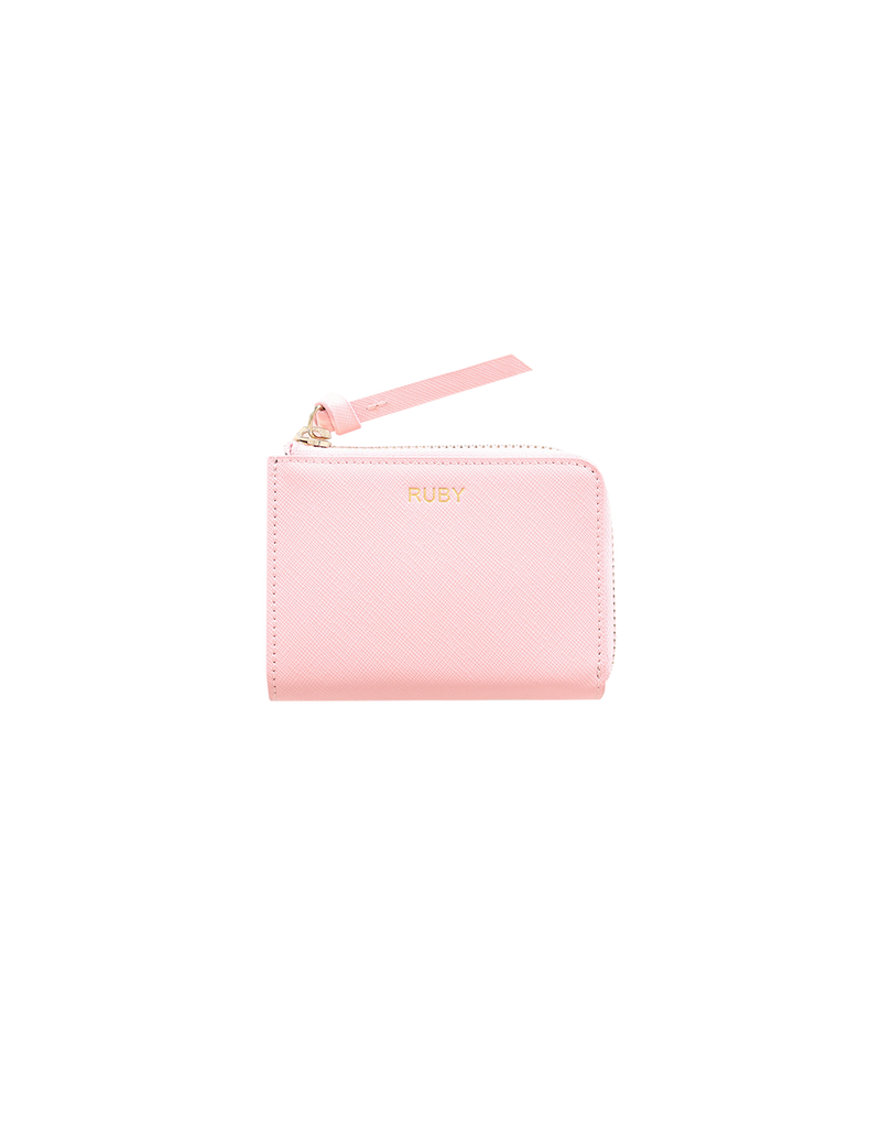  MINI WALLET PINK | Small sized leather wallet with a card holder and a zipped compartment. The wallet features a contrasting interior pocket, gold hardware and an embossed RUBY on the leather.