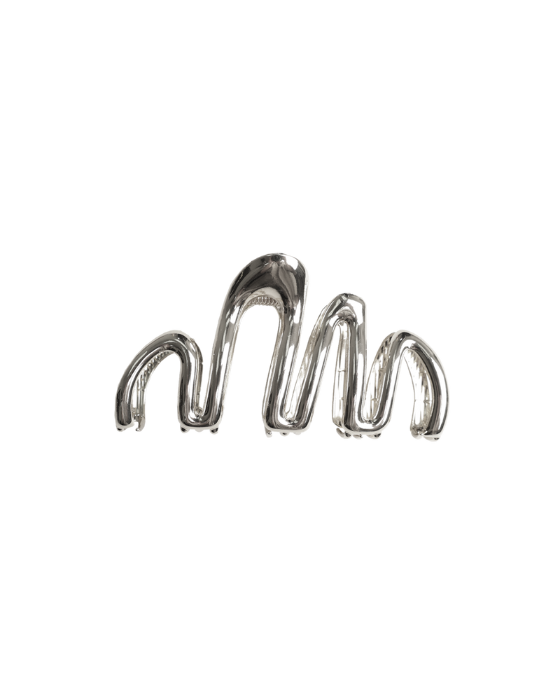 SQUIGGLE HAIR CLAW SILVER | Large silver chrome coloured hair claw designed in a squiggle shape. Big enough to hold a full head of hair and comfortable enough to wear from morning to night.