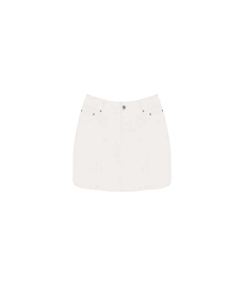 SUBLIME DENIM MINI SKIRT CREAM | Denim mini skirt designed in an cream wash. This skirt features a twisted side seam detail, a RUBY spin on a classic denim mini.