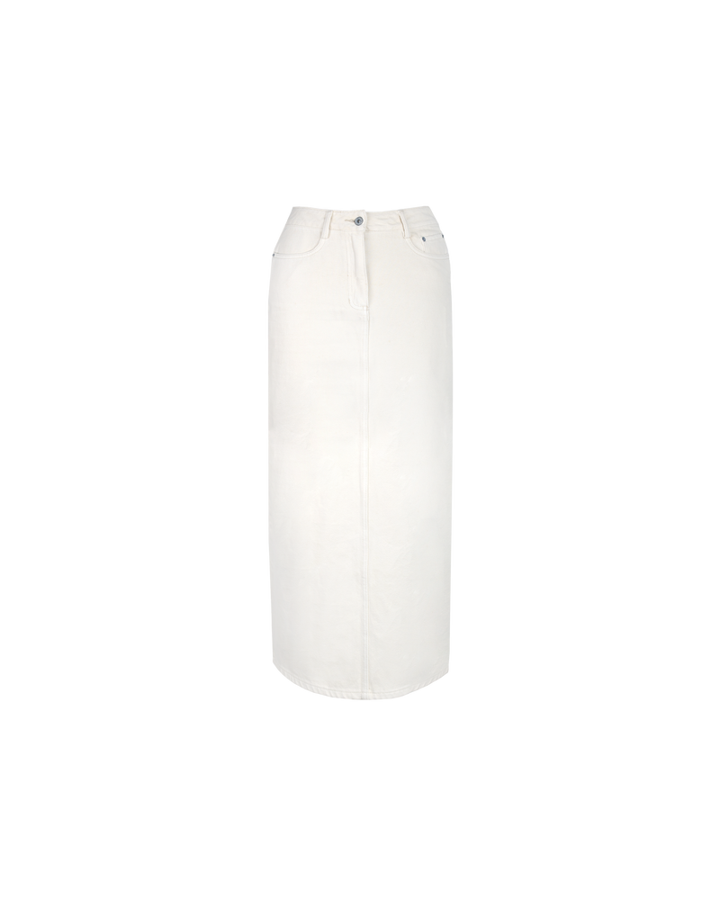 SUBLIME DENIM MAXI SKIRT CREAM | Mid-rise straight-cut denim skirt with metal hardware in a cream denim. Features a back split for ease of movement and an updated maxi length.