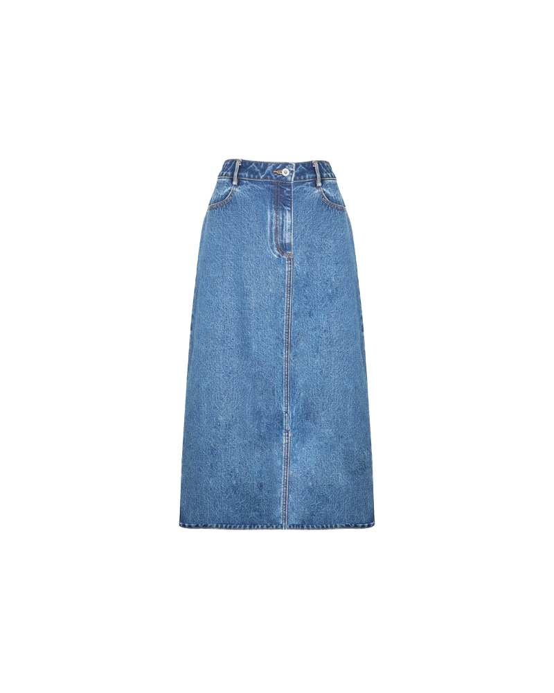 SUBLIME MIDI SKIRT | 
Mid-rise straight cut denim skirt with metal hardware in an indigo wash. Features a back split for ease of movement and midi length.