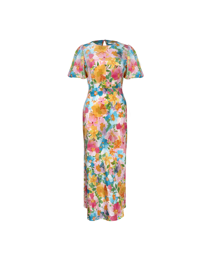 SYMPHONY SILK DRESS LOLLY FLORAL | 
Bias cut silk midi dress with puff sleeves and a keyhole button closure at the back neck. The bias silhouette of this dress gently contours the body, complimenting the floral print
