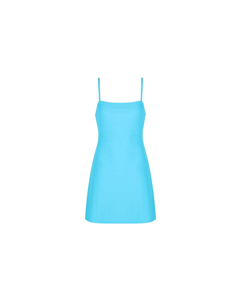 SNORKEL SUNDRESS PACIFIC BLUE | Tennis style minidress cut from a pacific blue swim material. Featuring a cross over back and slight A-line shape, it's the perfect summer dress.