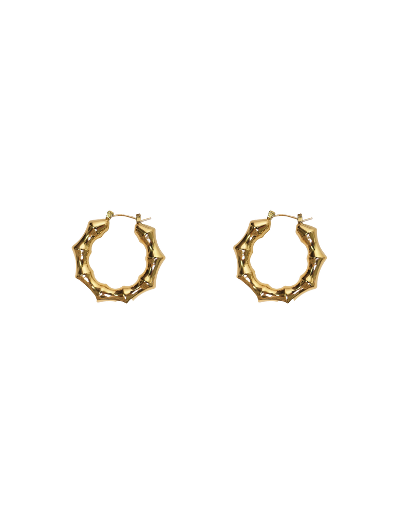 TEXTURED HOOP GOLD | Gold hoop earrings designed in a bamboo-style look. A fun twist on a staple accessory.