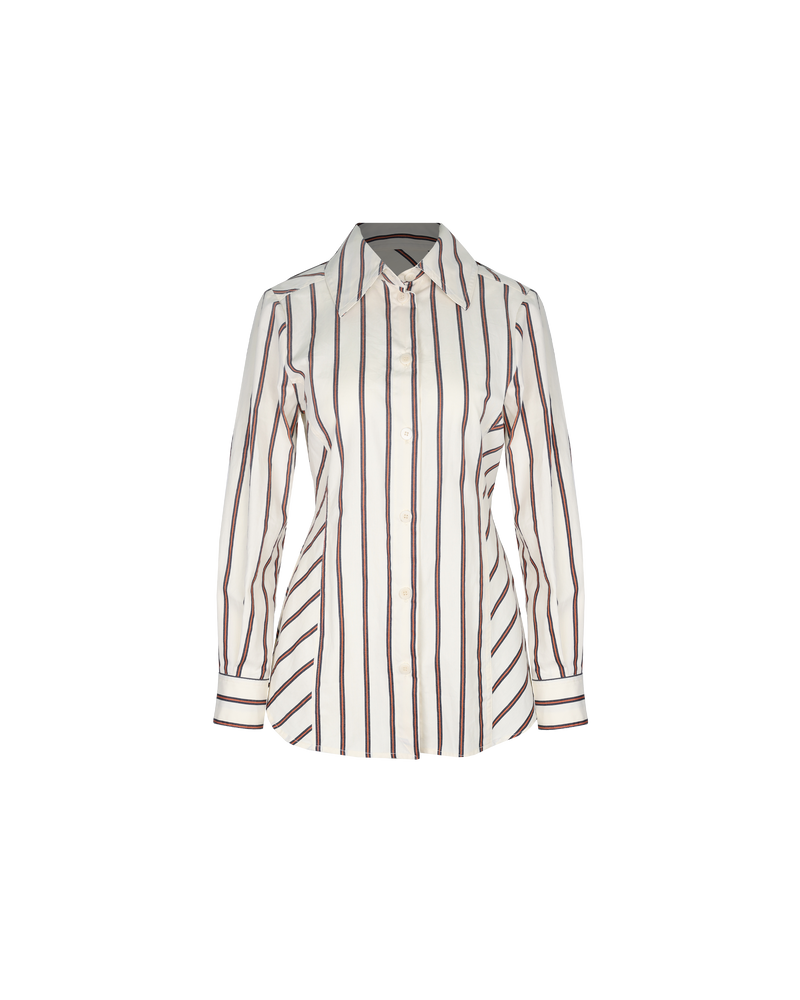 THELMA SHIRT CIRCUS STRIPE | Liam’s spin on a classic tailored shirt… Designed with bias panelling for the perfect silhouette, the Thelma Shirt is imagined in an orange & grey circus stripe.