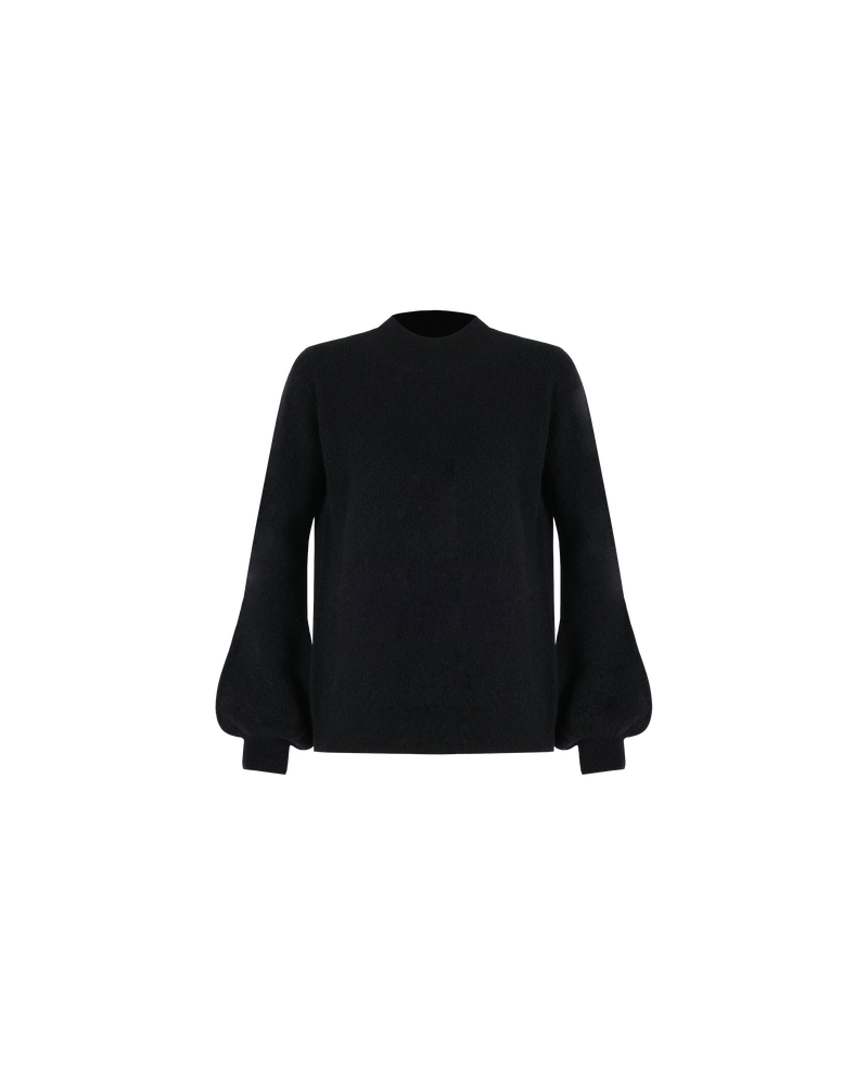 TILDA SWEATER BLACK | Relaxed fit sweater with a ribbed high neckline and voluminous balloon sleeves. Composed from a wool and mohair blend, this sweater is generous in warmth and soft to the touch.