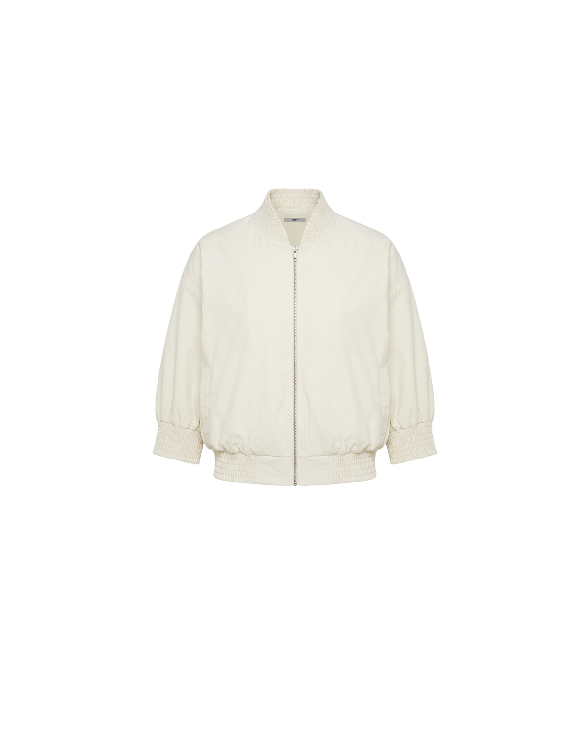 JOEY BOMBER CREAM | Statement jacket and tank combined, designed in a cream colourway organic cotton. Featuring cropped sleeves, gathered detailing and a bomber style fit jacket, which overlay a built-in cropped top. Pair this jacket with denim for an elevated everyday look. 