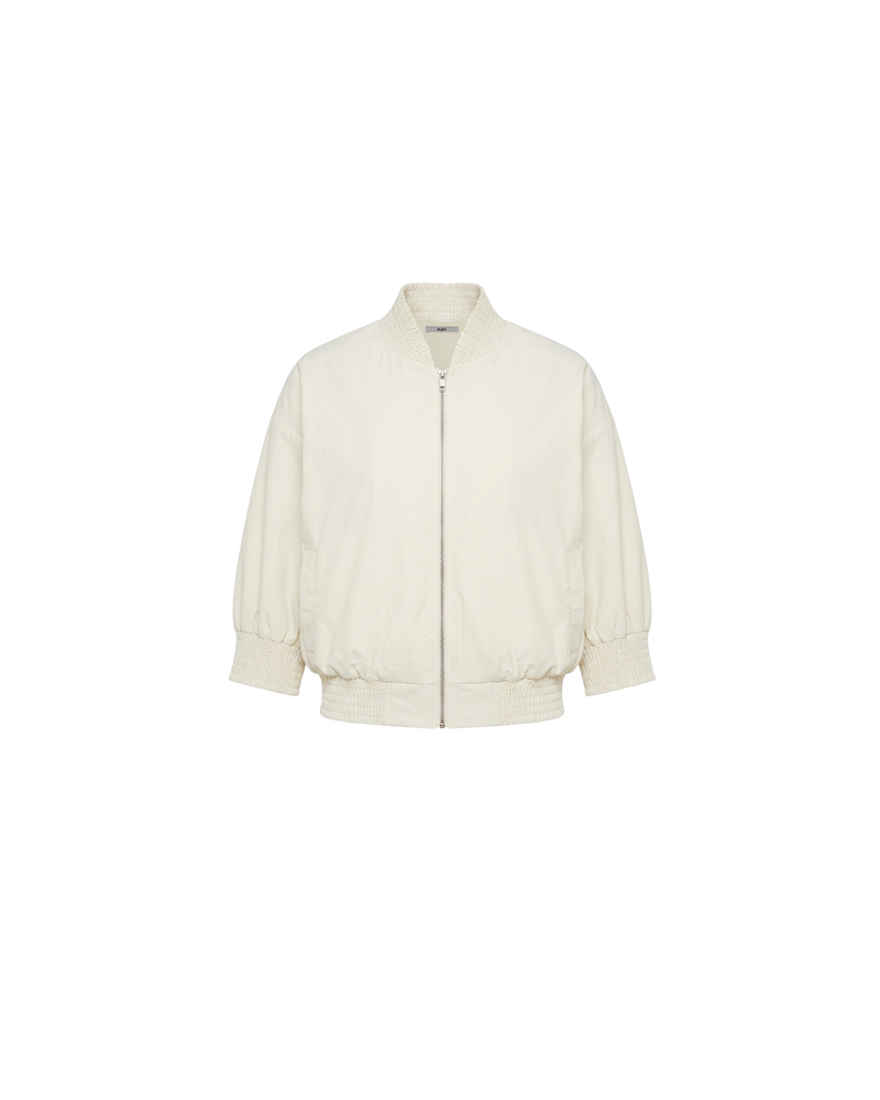 JOEY BOMBER CREAM | Statement jacket and tank combined, designed in a cream colourway organic cotton. Featuring cropped sleeves, gathered detailing and a bomber style fit jacket, which overlay a built-in cropped top. Pair this jacket with denim for an elevated everyday look. 