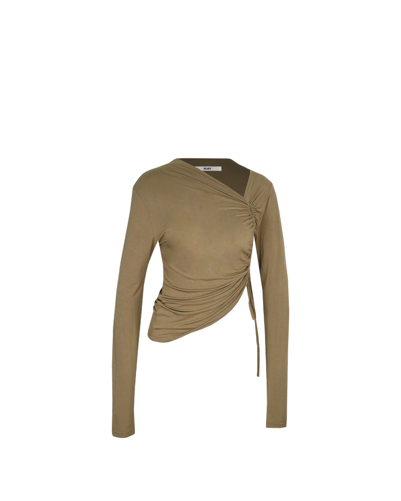 TOBY LONGSLEEVE KHAKI | Long sleeve top with an asymmetrical neckline and a drawstring detail at the side of the piece that creates ruching in soft folds. Cut for a close fit, the ruched detail...
